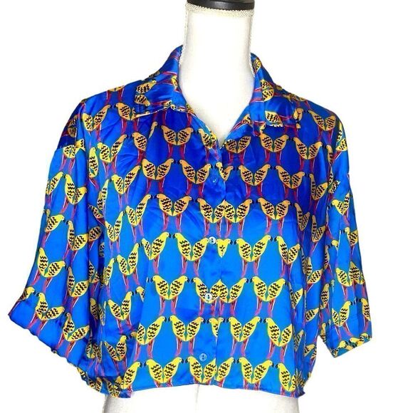 ZARA Wm’s XS Blue Satin Yellow Bird
Print Cropped Button Down Top Blouse - Picture 1 of 4